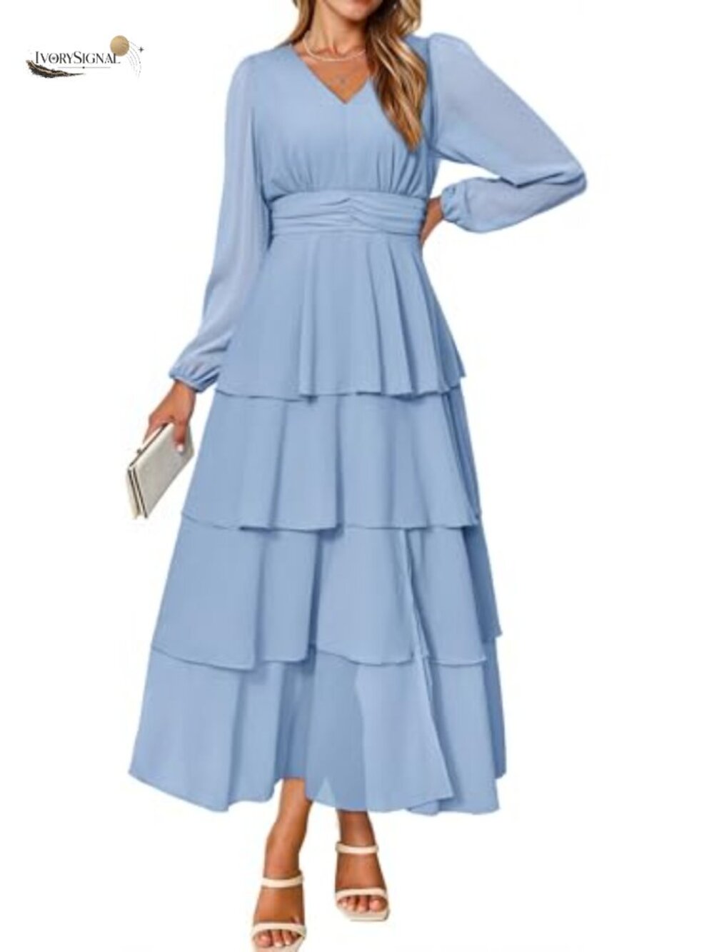 BerryGo Women's Flowy Chiffon Maxi Dress Long Sleeve V-Neck Ruffle Tiered Boho
